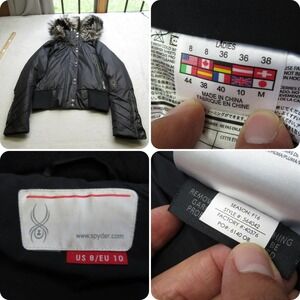 Spyder Down Jacket Womens 8 Black‎ Nylon Faux Fur Hood Snap Zip Cropped Puffer